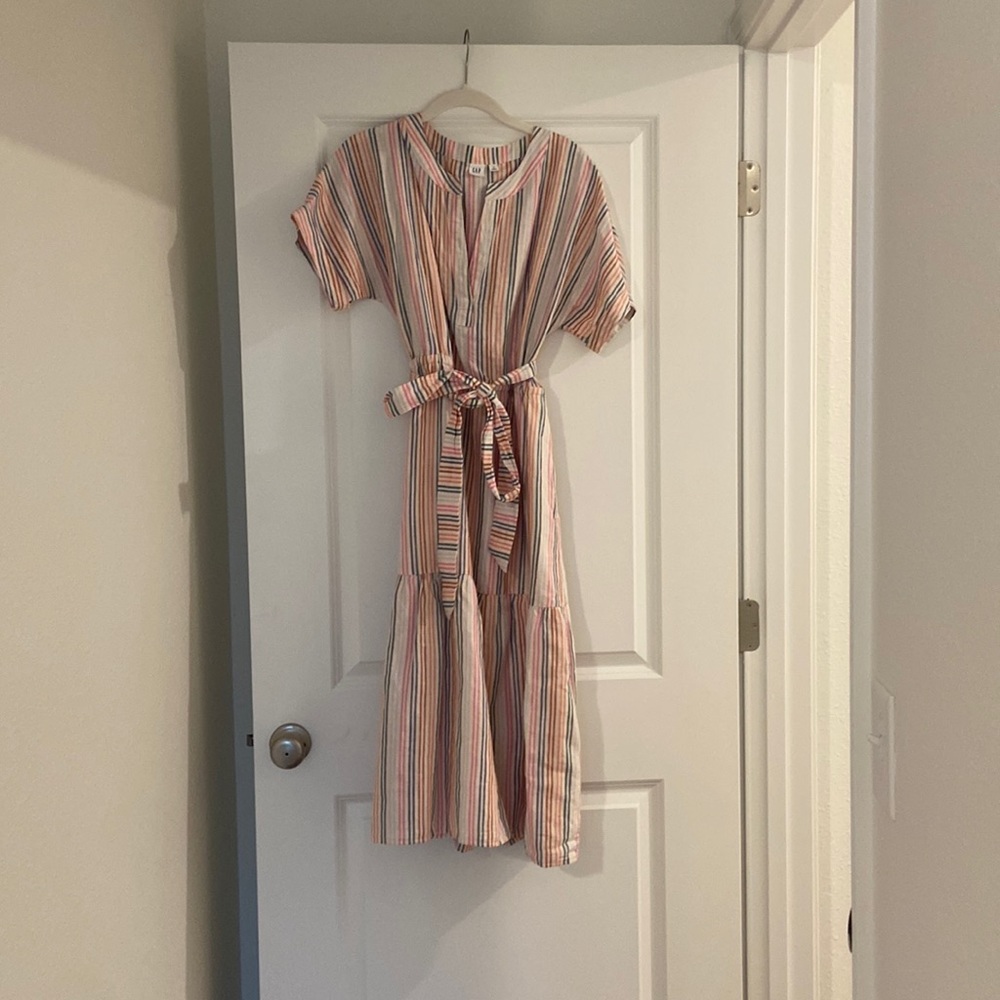 GAP cotton linen blend striped multicolored short sleeves tiered dress size 8
